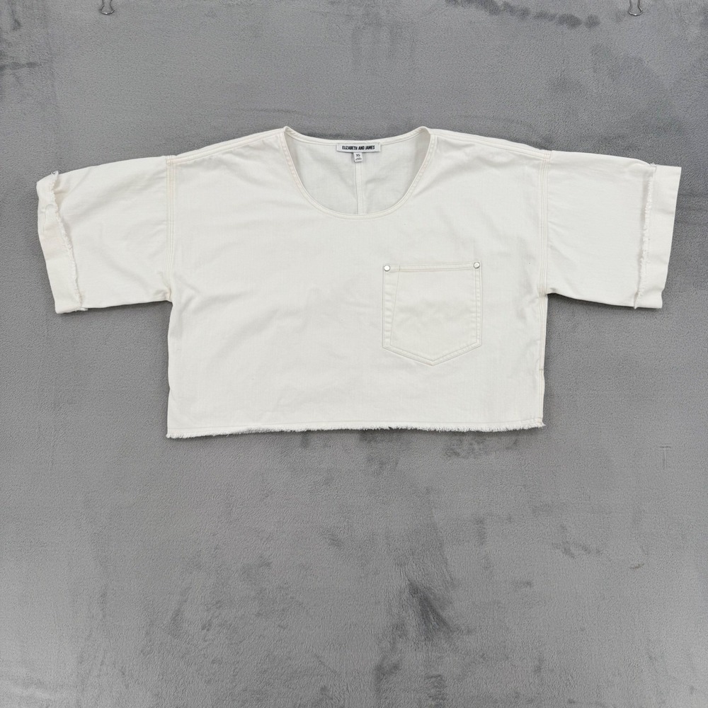 Elizabeth and James White Denim Crop Top Womens XS Raw Hem Pocket Strech